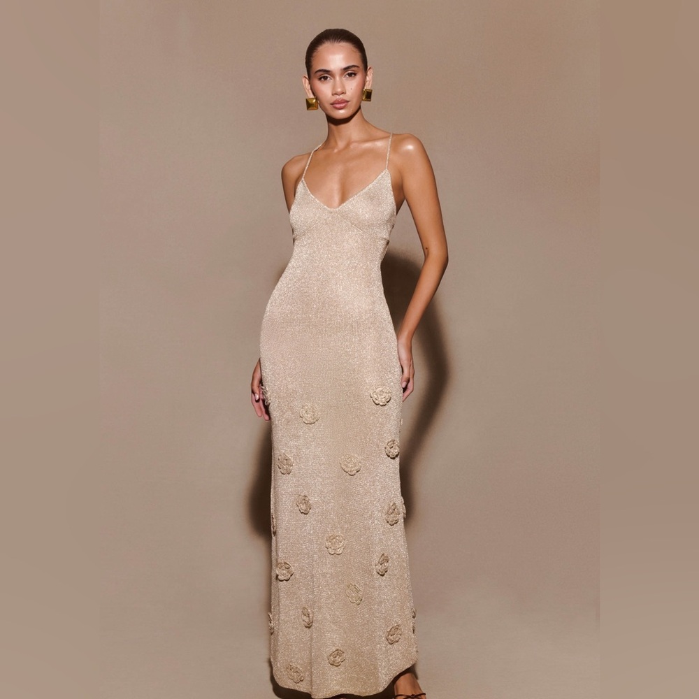 Meshki Suki Metallic Knit Maxi Dress - Gold, Size: XS